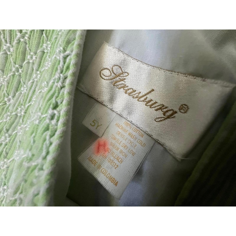 Vintage Strausburg Smocked Dress in Green Seersucker with Pink Roses - 5 - Picture 3 of 6